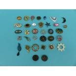 A collection of brooches including paste set, enamel, mother-of-pearl, wood, Austrian,