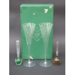 A pair of Heals hand-made glasses in original box together with two glass Whitefriars style control