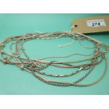 Seven silver necklaces/chains, one rose gold plated and eight silver necklaces,