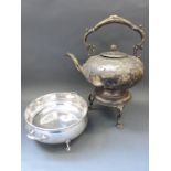 Mappin & Webb plated dish and a plated spirit kettle, height 39cm, and an Art Nouveau style bowl,
