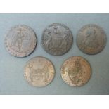 Five 18thC Conder type tokens to include Maidstone halfpenny, Irish Miner's halfpenny,