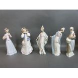 Five boxed Lladro figurines comprising The Flirt, Sophisticate, Dreams of a Summer Past,