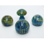 Four Mdina glass paperweights one in the form of a mushroom, 9.