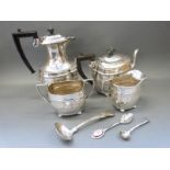 A silver plated tea set and a small quantity of plated cutlery