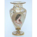 19thC Bohemian glass vase with hand printed enamel portrait of a lady and gilt decoration, 14.