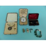 A quantity of jewellery to include white metal Victorian bracelet, Roamer pocket watch, painted pin,