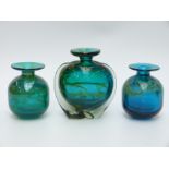 Three Mdina glass vases two with original labels, each signed to the bases,