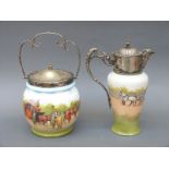 Royal Doulton coaching Seriesware biscuit barrel and mask jug with plated mounts,
