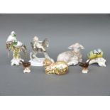 A group of continental porcelain animals and birds including Royal Crown Derby cat paperweight,