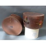 A 'British Made' tan leather hat box with British Rail and Orient Express labels plus two others,