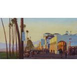 Andrew Quelch oil on board "Venice Beach, California" street scene, 33cm x 61cm.