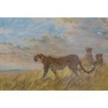 Donald Grant signed print 'Alert' cheetahs in an African landscape,