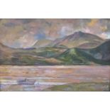 Andrew Quelch oil "Towards Cadr Idris, Mid Wales" estuary with mountains beyond,