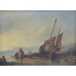 A 19thC maritime oil on canvas beached boat with catch being offloaded and further coastal