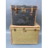Two rectangular leather trimmed canvas vintage hat boxes,