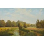 E J Wilson modern oil on board, likely local Cotswold river scene, signed lower right,