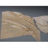 A 19thC gentleman's silk cravat of gold & cream brocade woven with roses and two lace hankerchiefs,