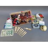 A quantity of sewing ephemera to include 19thC ivory lace bobbins, buttons, mending kits,