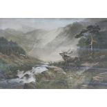 A pair of coloured prints "The Rivals Call" and "Startled" of deer in highland landscapes,