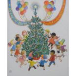 Lionel Mayes ( British School ) framed watercolour of children dancing around a Christmas tree,