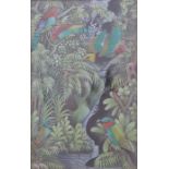 Oil on canvas mounted on board of tropical birds, signed lower right Surata, Bentuyung Ubud,