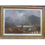 J Lewis oil on canvas of a stag in Highland setting,