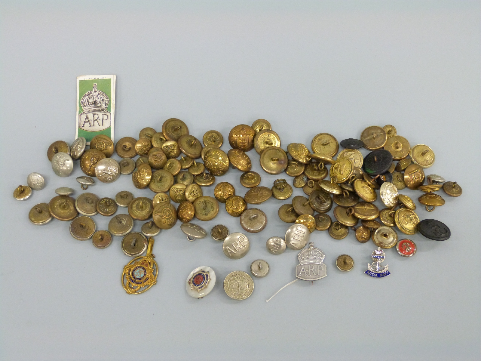 WWII military buttons including Royal Navy, Royal Air Force,