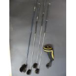 Four King Cobra golf clubs comprising 400 SZ 9° driver, and three fairway woods 5,