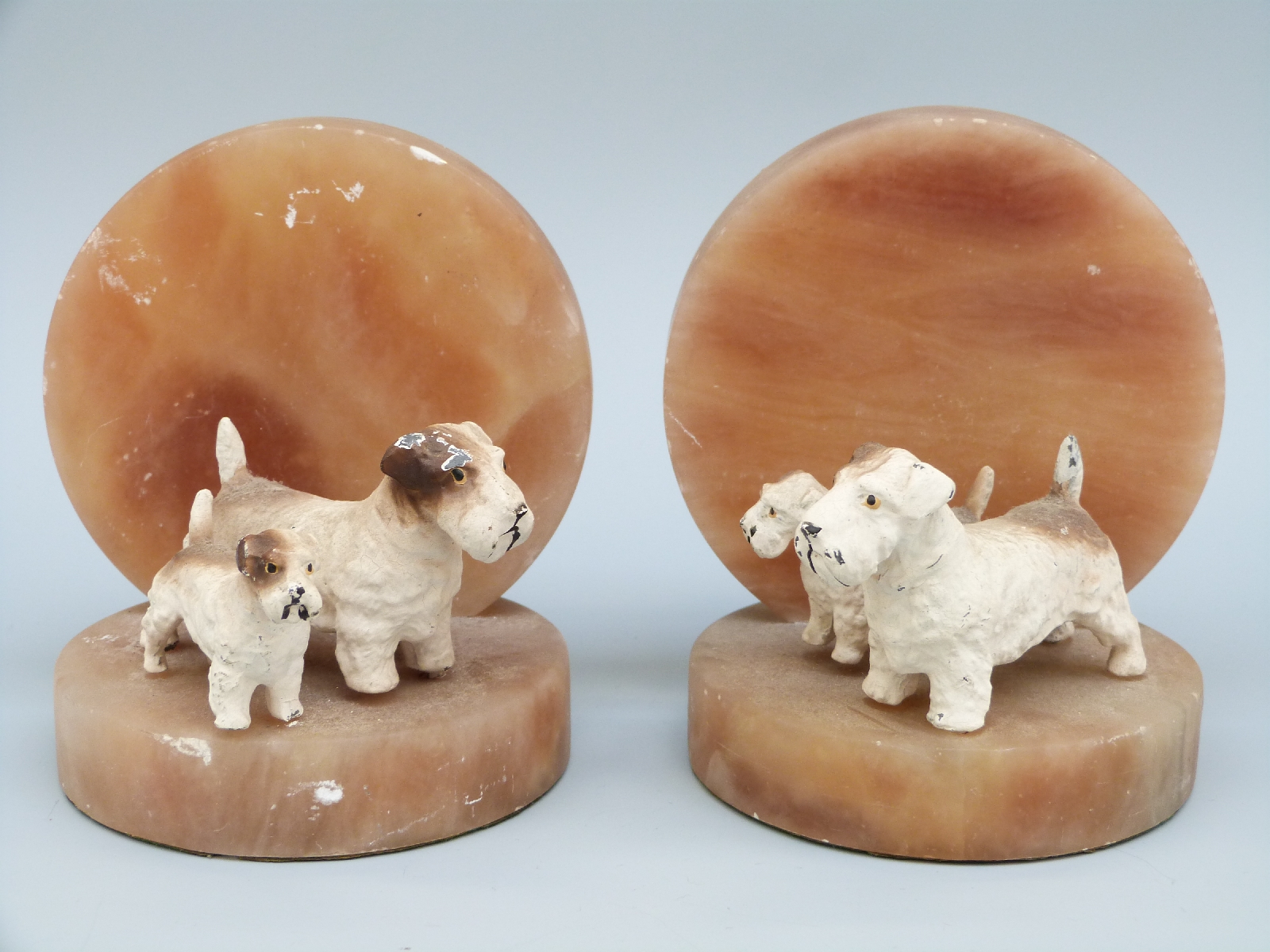 A pair of Art Deco onyx bookends cold painted bronze Sealyham terriers with puppies, H11. - Image 3 of 3