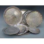 A large galleried oval silver plated tray, width 51cm, and various salvers,