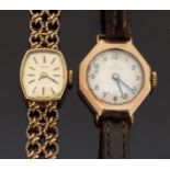 Two 9ct gold ladies wristwatches comprising a Record wristwatch on brown leather strap and a Tissot