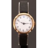 9ct gold ladies wristwatch with blued Breguet hands and white enamel face, on black leather strap,