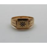 9ct gold signet ring set with a diamond, 5.