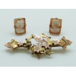 A 9ct brooch set with bird and foliate design Birmingham 1901 and a pair of 9ct gold and cameo
