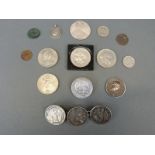 A collection of crowns, medal coins etc together with a Jeton and Roman example,