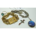 A Victorian silver cross pendant set with specimen agate, silver pendant set with butterfly wing,