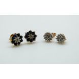 A pair of 9ct gold earrings set with sapphires and diamonds and another pair set with diamonds