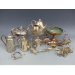 A box of silver plate including teapots, copper tazza,