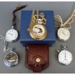 Five gentleman's pocket watches and stop watches including Franklin Mint Rainbow Trout in original