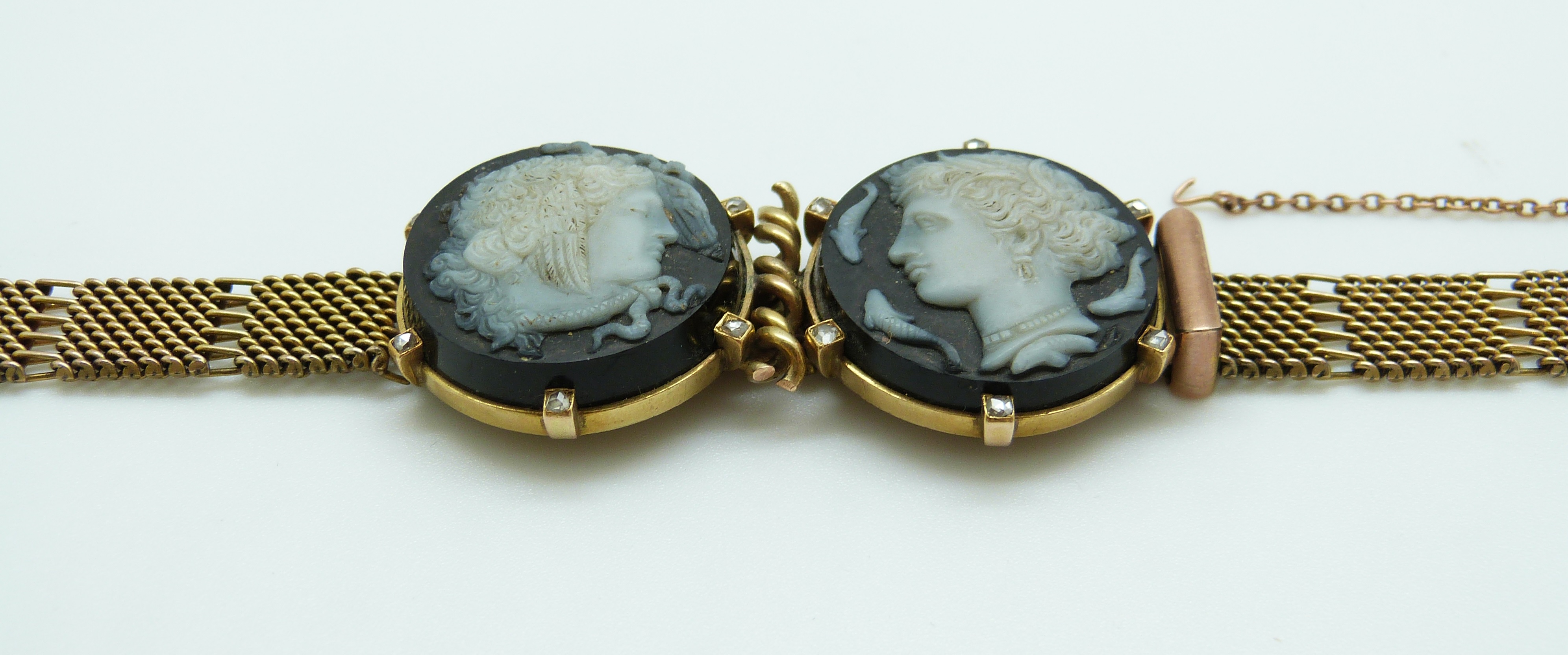 A 9ct gold Victorian bracelet set with two finely carved hardstone cameos depicting day and night, - Image 6 of 6