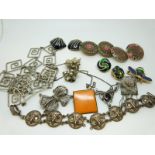 A collection of costume jewellery to include enamel earrings, enamel bee brooch, silver necklace,