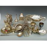 A collection of silver plate including Mappin & Webb, tea caddy, cutlery,