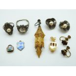 A Victorian silver ring, Art Deco silver ring, garnet earrings, yellow metal charm,