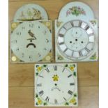 Two painted Roman dial longcase clock dials with floral decoration and Roman numerals,