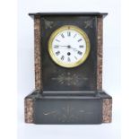 French, single train slate and marble mantel clock white enamelled Roman dial,