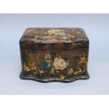 A 19thC lacquer two-division tea caddy with flower and bird decoration, probably by Betteridge,