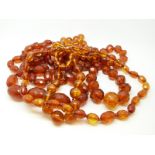 Four translucent amber necklaces, three with faceted beads, 183g.