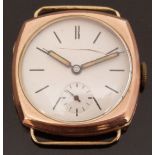 9ct gold ladies cushion shaped wristwatch with luminous hands, line markers,