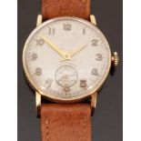 Cyma 9ct gold gentleman's wristwatch with subsidiary seconds dial, Arabic numerals and gold hands,