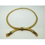 An early Victorian gold necklace set with turquoise and diamonds with tassel decoration and ridged